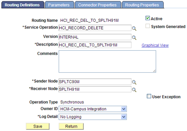 Example of Routing Definitions page (CS)