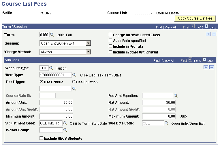 Course List Fees page