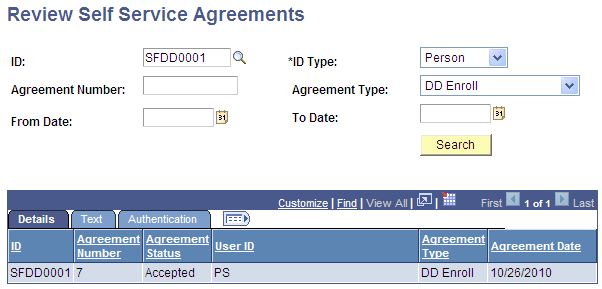 Review Self Service Agreements page