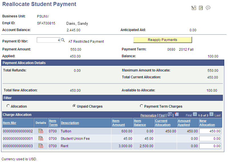 Reallocate Student Payment page