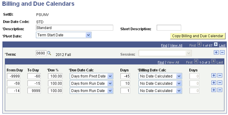 Billing and Due Calendars page