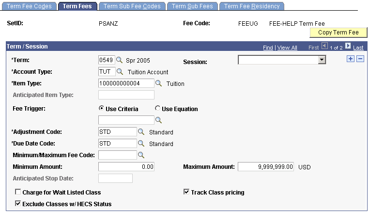 Term Fees page