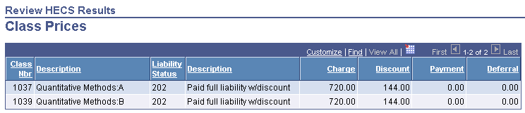 Review HECS Results Class Prices page