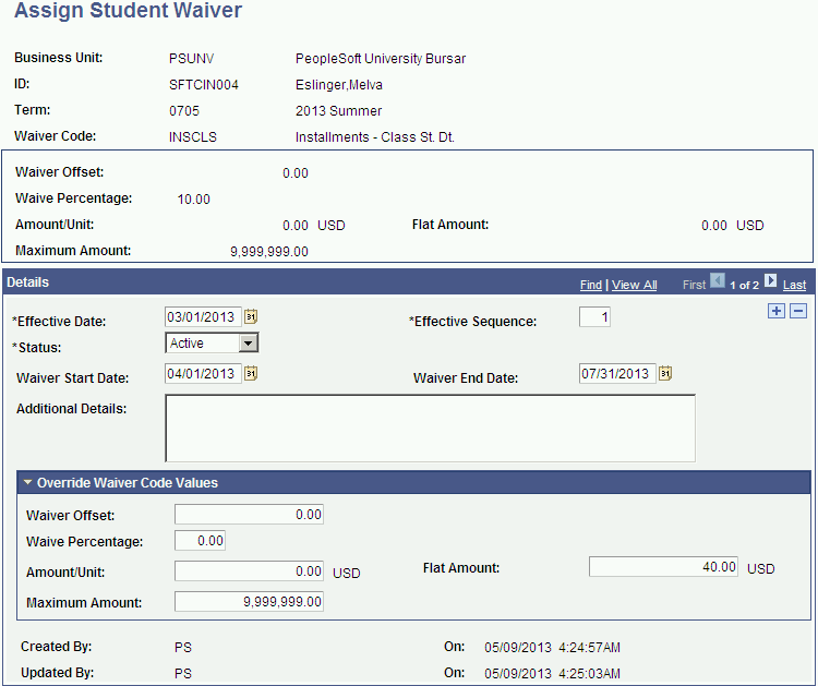 Assign Student Waiver page
