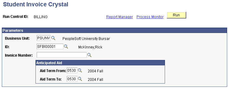 Student Invoice Crystal page