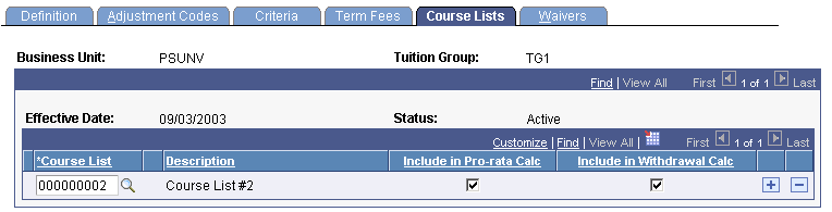 Tuition Groups - Course Lists page