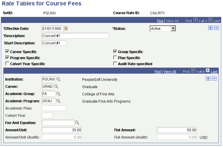 Rate Tables for Course Fees page