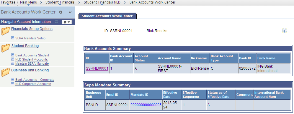 Bank Accounts Work Center (sample) page