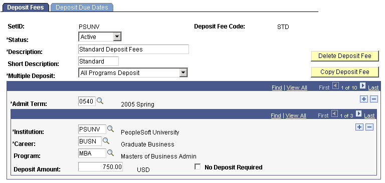 Deposit Fees page