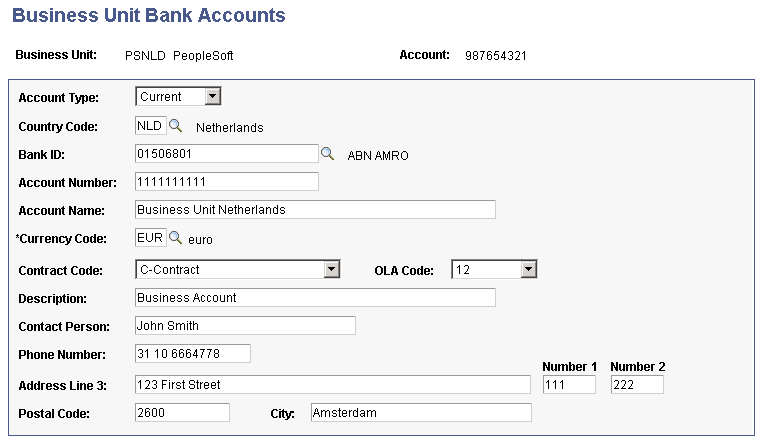 Business Unit Bank Accounts page