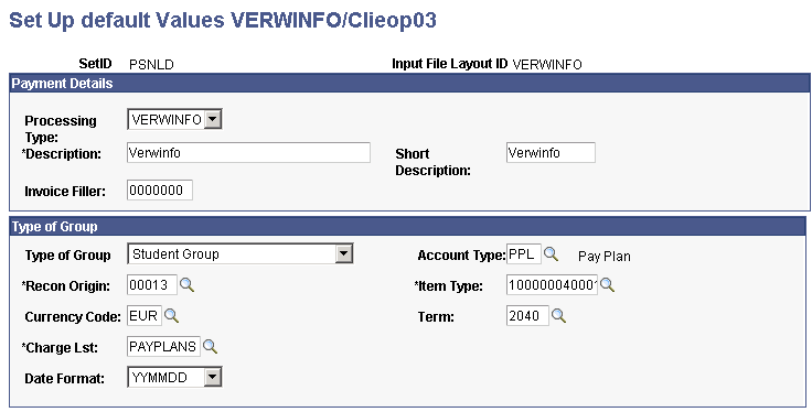 Set Up default Values VERWINFO/Clieop03 page (1 of 2)