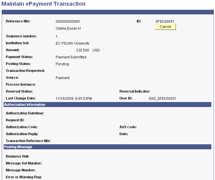 Maintain ePayment Transaction page (1 of 2)