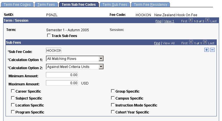 Term Sub Fee Codes page (1 of 2)