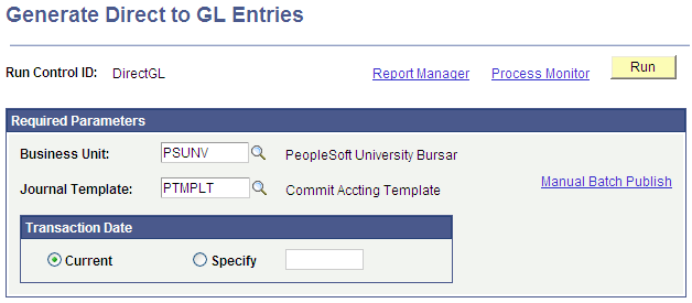 Generate Direct to GL Entries page