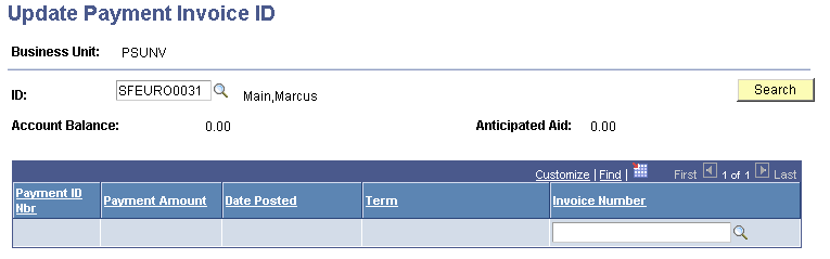 Update Payment Invoice ID page