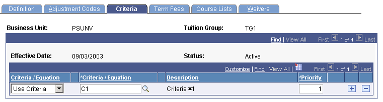 Tuition Groups - Criteria page