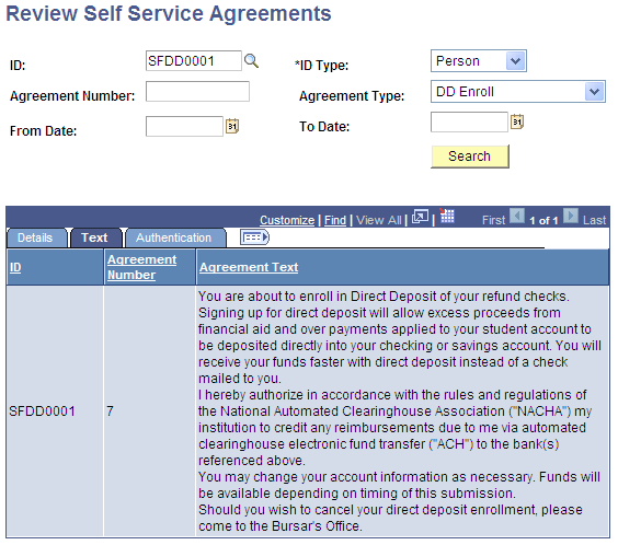 Review Self Service Agreements page: Text tab