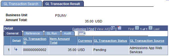 GL Transaction Result page