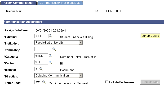 Person Communication page (1 of 2)