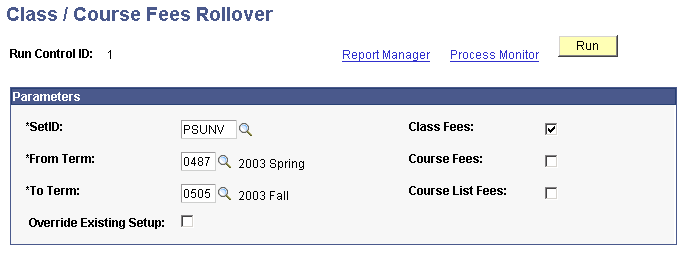Class / Course Fees Rollover page