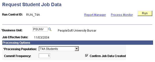 Request Student Job Data page