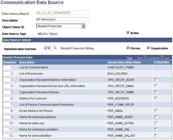 Communication Data Source page (1 of 2)