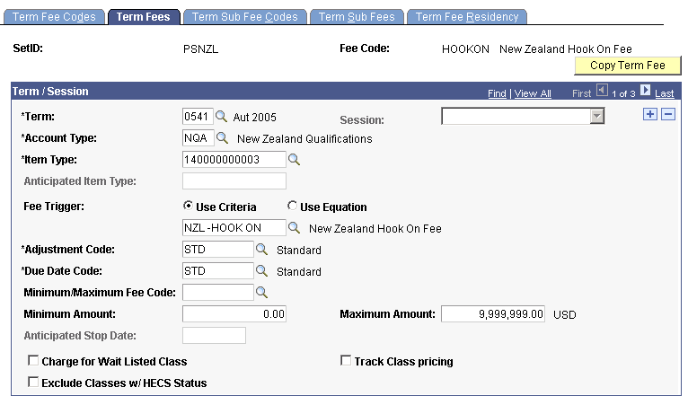 Term Fees page (1 of 3)