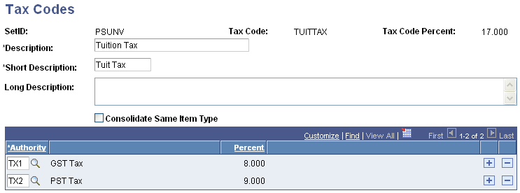Tax Codes page