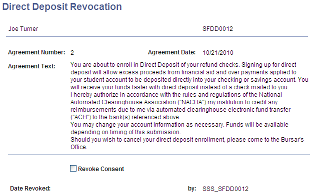 Direct Deposit Revocation page