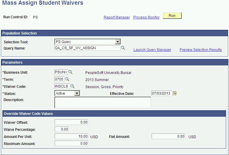 Mass Assign Student Waivers page