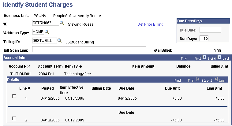Identify Student Charges page
