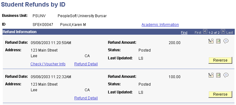 Student Refunds by ID page