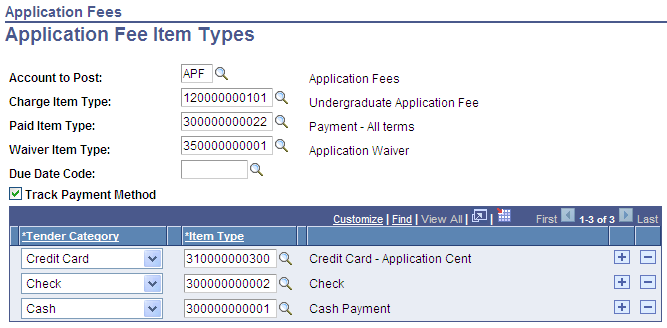 Application Fee Item Types page