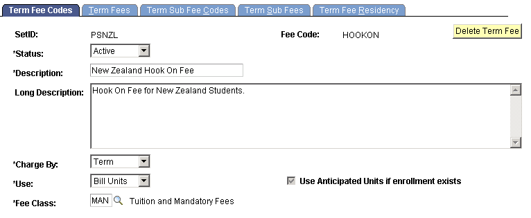 Term Fee Codes page