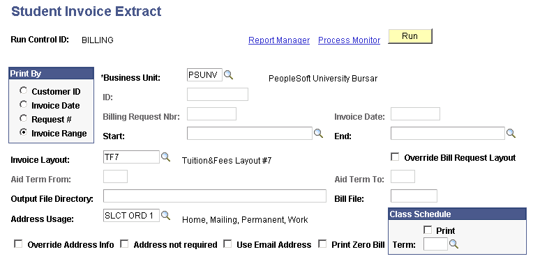 Student Invoice Extract page