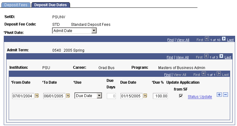 Deposit Due Dates page