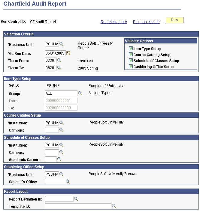 Chartfield Audit Report page