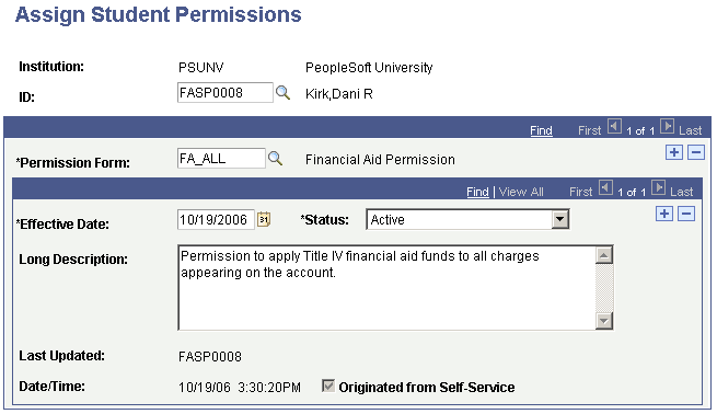 Assign Student Permissions page