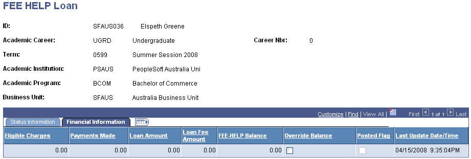 FEE HELP Loan page - Financial Information tab
