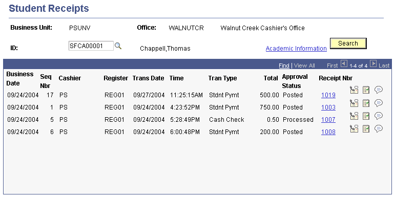 Student Receipts page