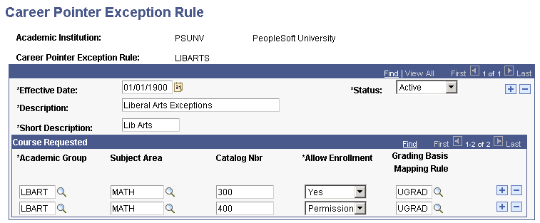Viewing grading basis mapping rules on the Career Pointer Exception Rule page (CAR_PTR_EXCEPTIONS)