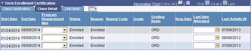 Enrollment Certification page: Class Detail tab