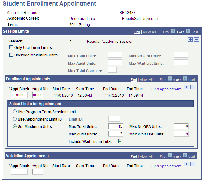 Student Enrollment Appointment page
