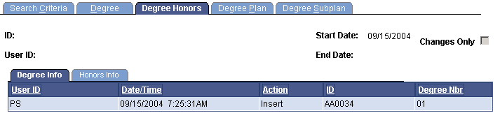 Degree Honors page: Degree Info tab