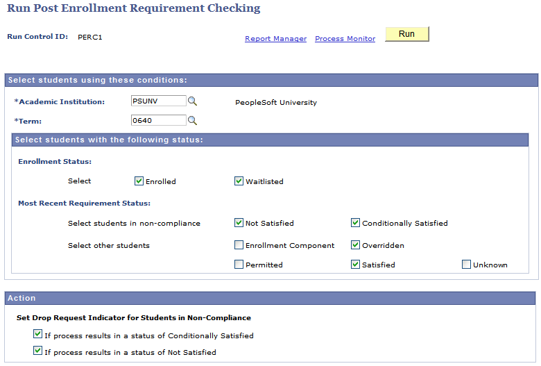 Run Post Enrollment Requirement Checking page (1 of 2)