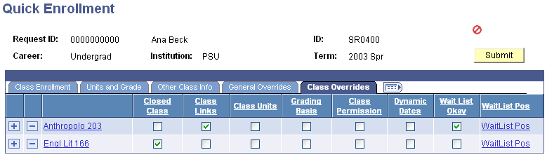 Quick Enrollment page - Class Overrides tab