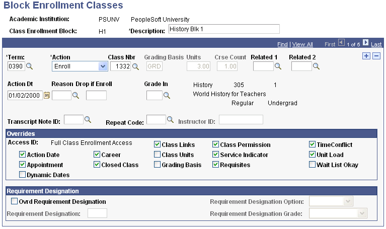 Block Enrollment Classes page