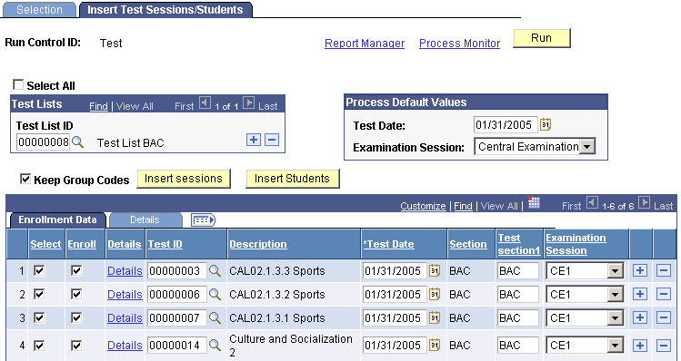 Insert Test Sessions/Students page