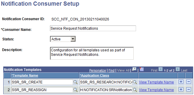 Notification Consumer Setup page example for Service Requests
