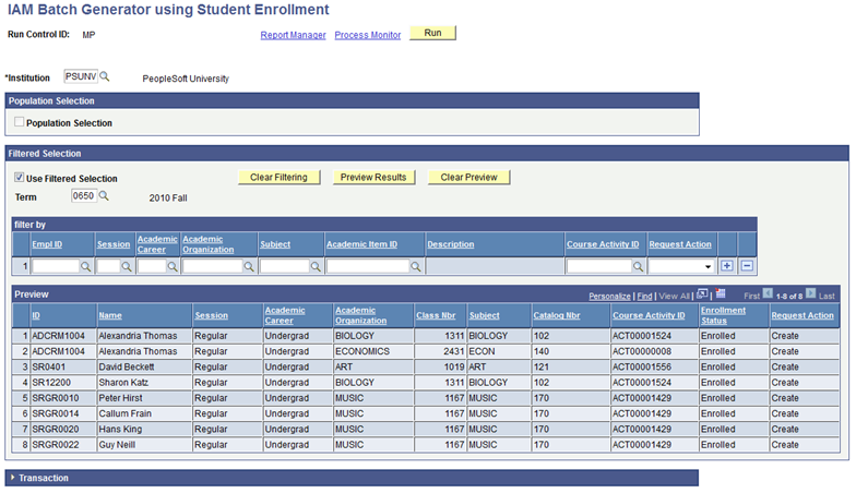 IAM (Individual Activity Manager) Batch Generator using Student Enrollment page: example using a filtered selection